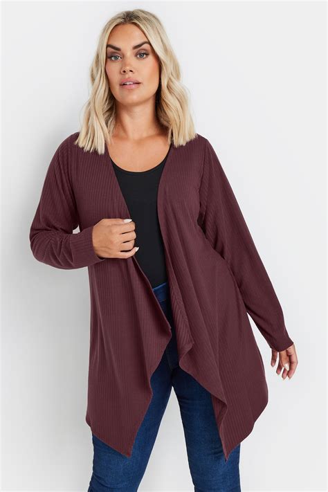 YOURS Plus Size Burgundy Red Ribbed Waterfall Cardigan | Yours Clothing