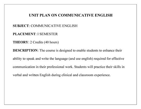 UNIT PLAN English - UNIT PLAN ON COMMUNICATIVE ENGLISH SUBJECT ...