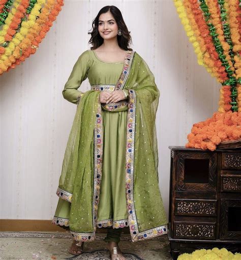 Light Green Luxurious Chinon Silk Embroidered Gown with Flow
