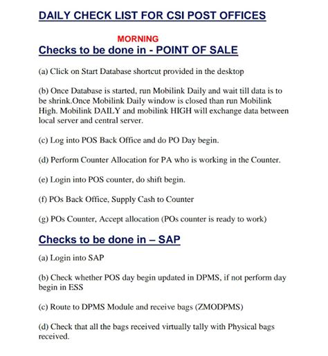 Daily Check List for CSI Post Offices