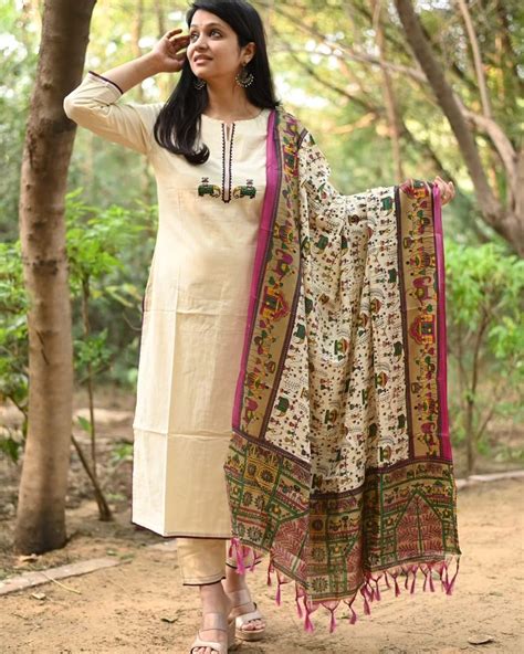 Cream Cotton Kurta Set with Zari Elephant Motifs and Warli Print Dupat ...