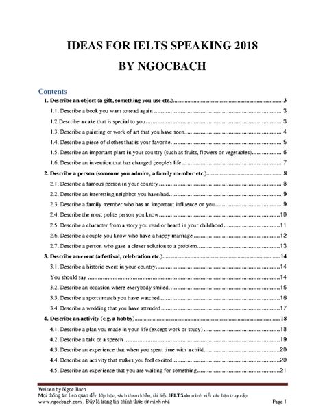 Ideas for IELTS Speaking 2018 (NGOCBACH) - Comprehensive Guide - Studocu