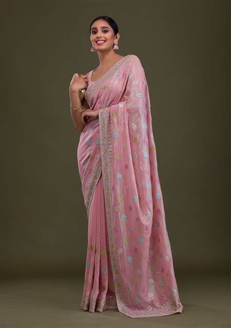 Buy Pink Sequins Georgette Saree - Koskii