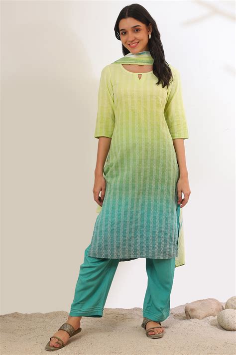 Buy Green Yarn Dyed Pure Cotton Straight Kurta with Palazzo & Dupatta ...