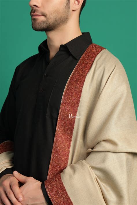 Pashtush Mens Fine Wool Shawl, Double Daur Challa Design, Beige ...