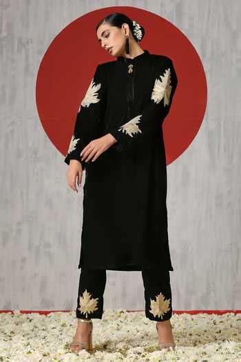 Buy Black Velvet Tassels, Embroidery Turtle Neck Placement Kurta And ...