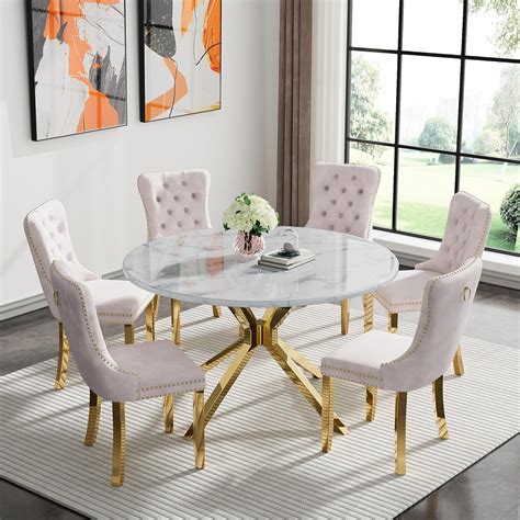 Amazon.com - Henf 7 Piece Round Dining Table Set, Modern Faux Marble ...