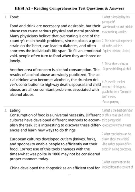 HESI A2 Reading Comprehension Practice Test with Questions and Answers ...