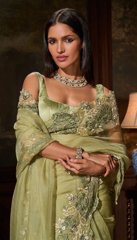 Olive Green Organza Saree - Shyamal & Bhumika