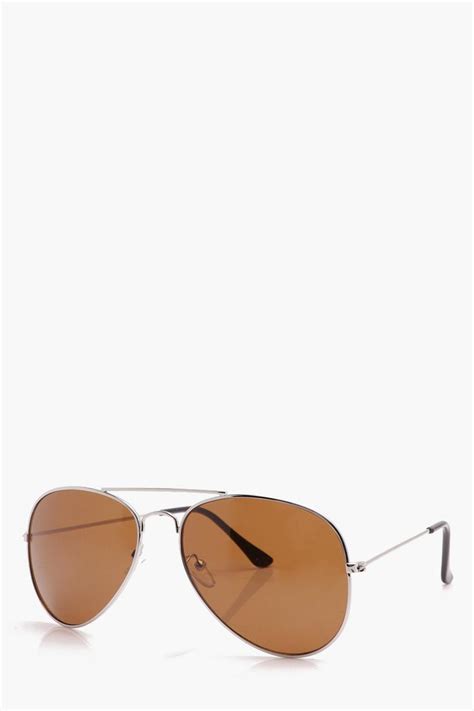 Classic Aviator Sunglasses With Brown Lens | boohoo USA
