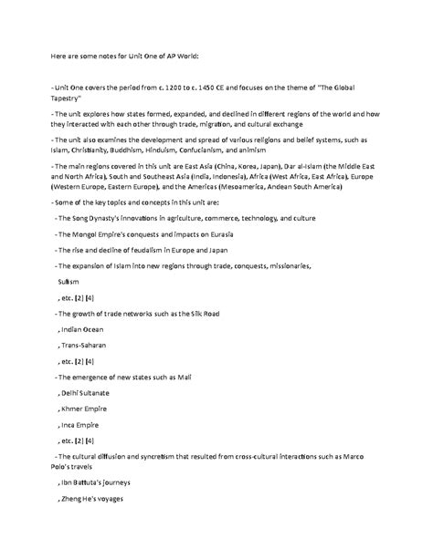 AP World Unit 1 - Class notes - Here are some notes for Unit One of AP ...
