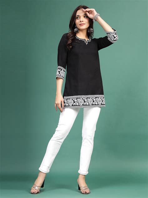 Women Balck Embroidered Cotton Notch Neck Short Kurti – Ramaskurtijaipur