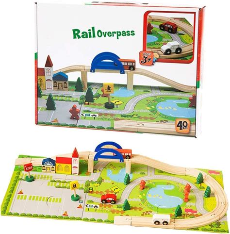 Buy SainSmart Jr. Wooden Train Set Toy with Double-Side Train Tracks, 4 ...