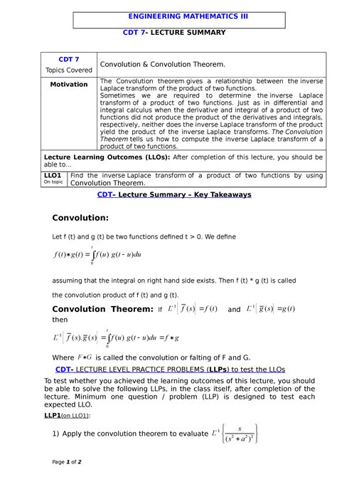 CDT7-Convolution Theorem - ENGINEERING MATHEMATICS III CDT 7- LECTURE ...