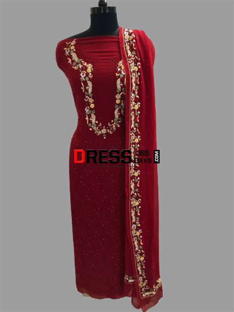 Hand Embroidered Red Parsi Gara Chikankari Suit (Three Piece ...