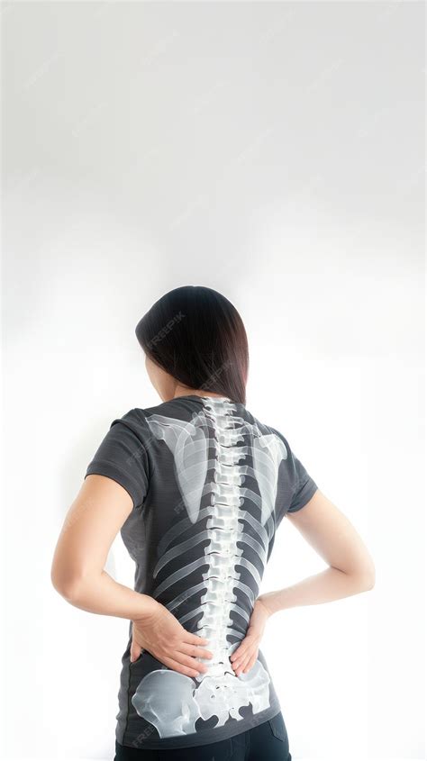 A woman with back pain left side of her waist in focus with an x ray ...