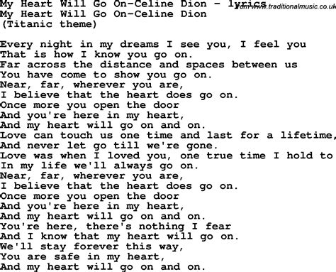 Love Song Lyrics for:My Heart Will Go On-Celine Dion