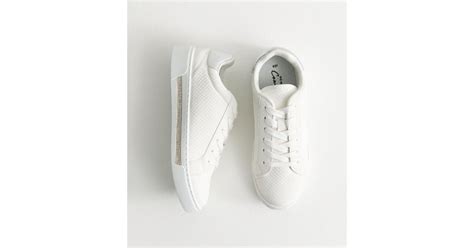 White Faux Leather Diamanté Trim Trainers | New Look