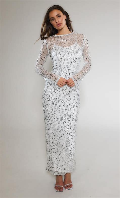 White Long Sleeve Sequin Maxi Dress – Rare London