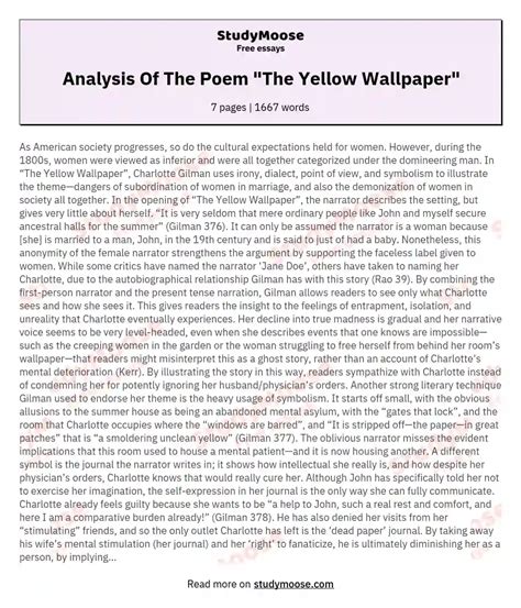 Analysis Of The Poem "The Yellow Wallpaper" - analysis paper example ...