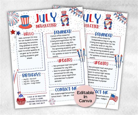 4th of July Classroom Newsletter, Daycare Class Newsletter, Newsletter ...