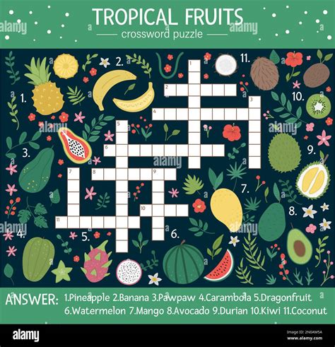 Vector summer crossword puzzle for kids. Quiz with tropical fruits for ...