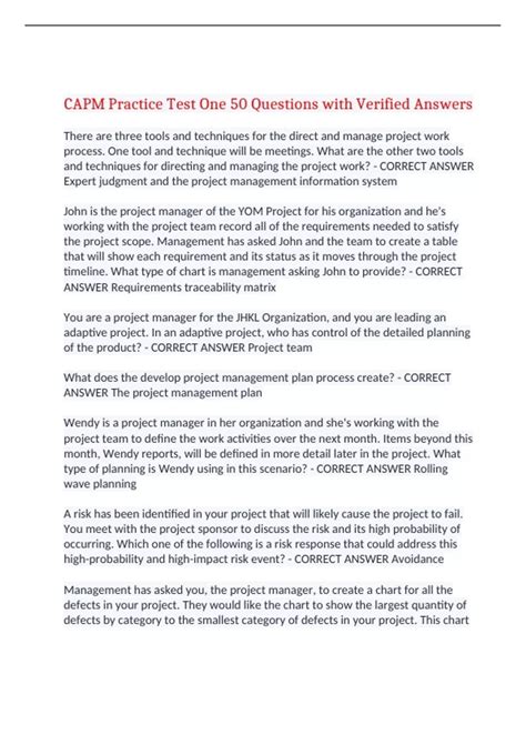 CAPM Practice Test One 50 Questions with Verified Answers,100% CORRECT ...