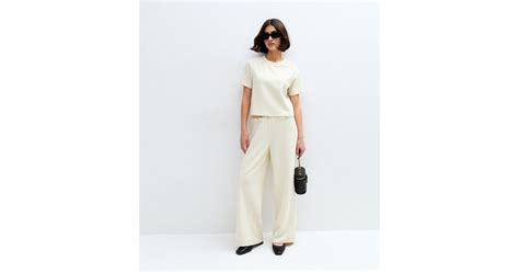 Cream Textured Button Detail Wide Leg Trousers | New Look