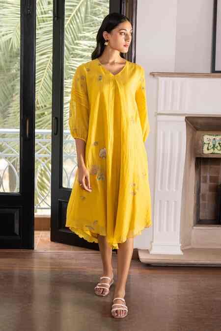 Buy Yellow Muslin, Cotton Embroidery, Applique V-neck Rue Floral Dress ...