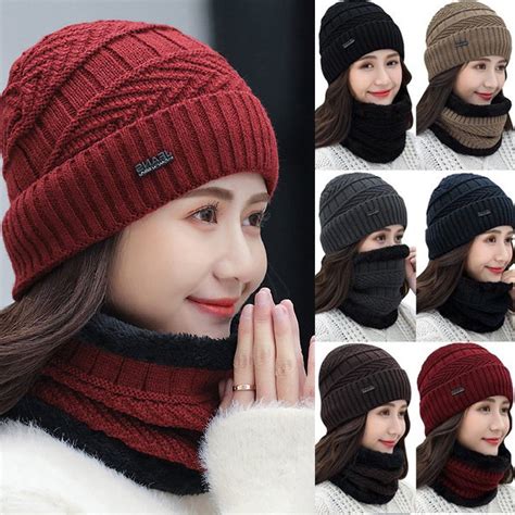 Winter Warm Knitted Beanie and Warm Scarf Set for Women, Soft Fleece ...