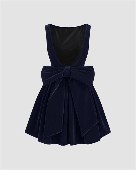 Velvet Boat Neck Bowknot Backless Short Midi Dress In Navy Blue ...