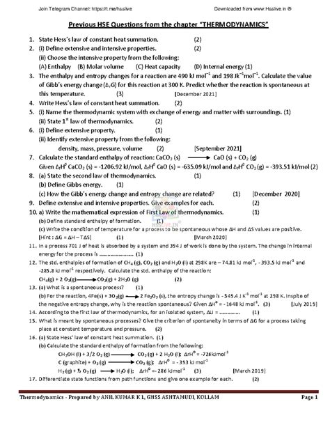 HSSLIVE-XI Chemistry QB Chapter 6: Thermodynamics Previous HSE Qs - Studocu