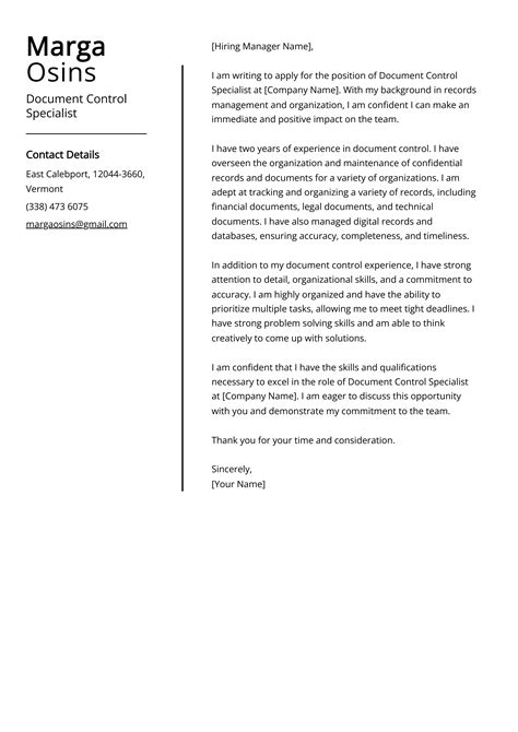 Document Control Specialist Cover Letter Example for 2024 (Skills & Templates)