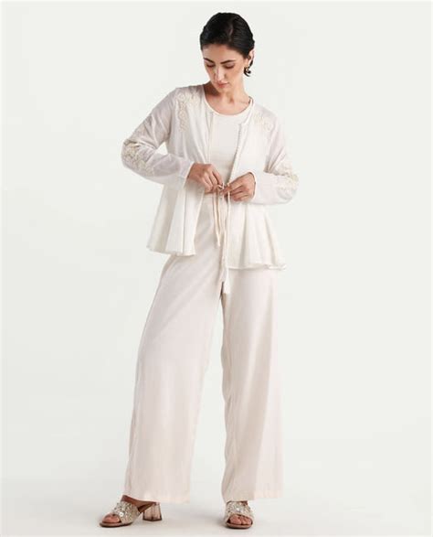 Rareism Women's Janket Off White Viscose Collarless Embroidered Regula