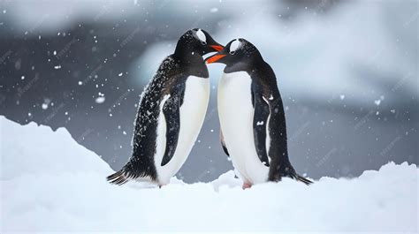 Premium Photo | Two gentoo penguins mating and courting in the snow and ...