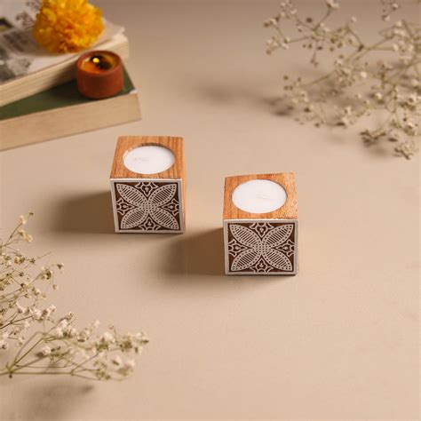 Set of 2 Hand Carved Bakayan Wood Block Tealight Candle Holder
