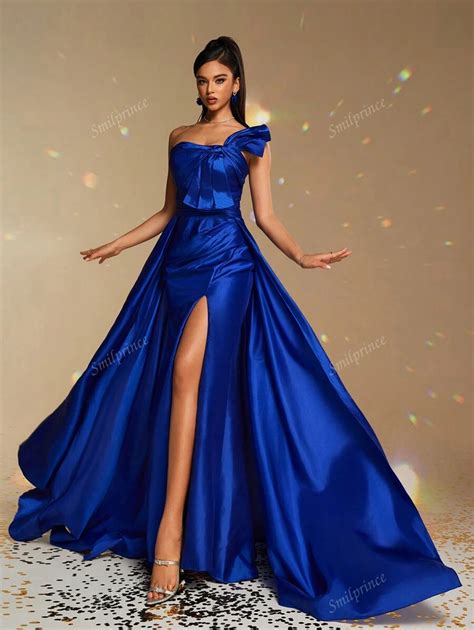 Smilprince Elegant Fitted Long Blue One-Shoulder Satin Gown With Bow ...