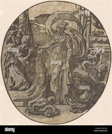 Odysseus and his men arrive on the island of the sorceress Circe. In the middle stands Circe ...