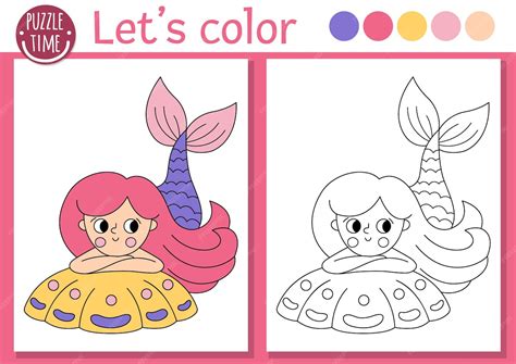 Mermaid coloring page for children with cute sea princess vector ocean ...