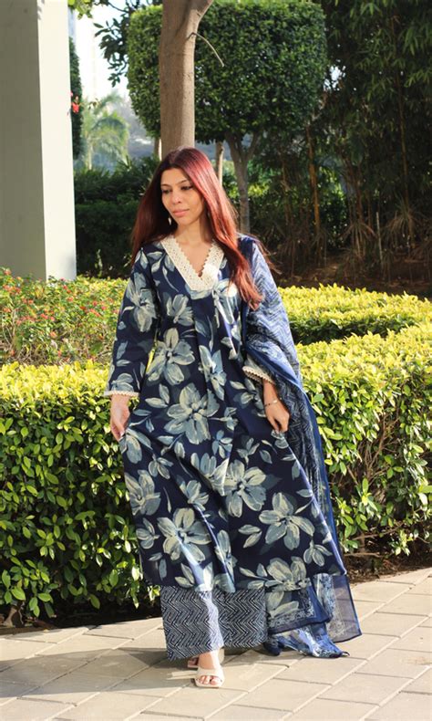 Cotton Dark Blue Floral A Line Suit with Lace Detailing & Palazzo with ...