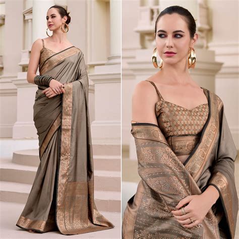 Taupe Brown Woven Banarasi Silk Saree With Zari Border