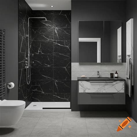 Modern bathroom with black marble shower tiles, grey walls, light grey ...