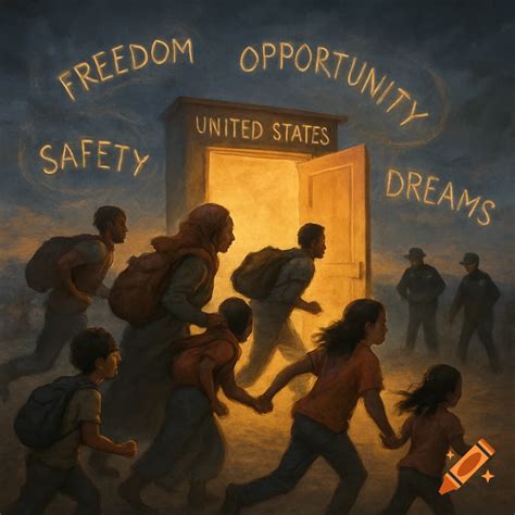 Painterly image of migrants running to a bright door labeled 'United ...