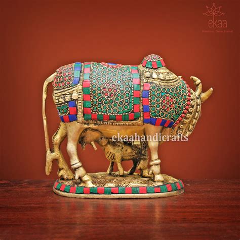 Brass Cow and Calf Figurine Kamdhenu with Stonework – Ekaa Handicrafts