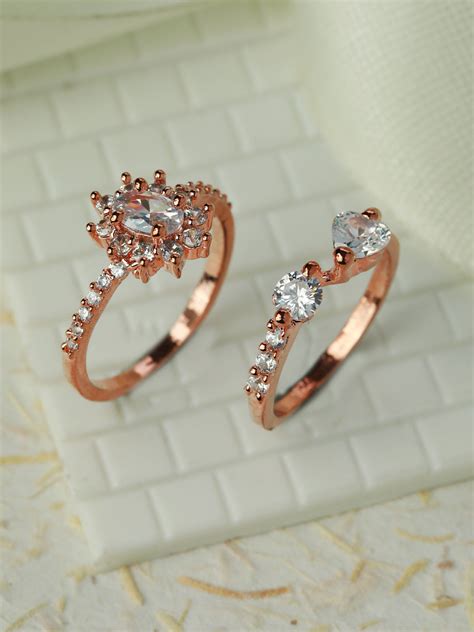 Priyaasi Floral American Diamond Rose Gold Plated Ring Set of 2