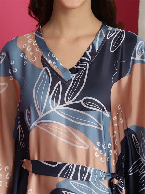 Kaftan Dress - Blue Silk Satin Printed | Claura