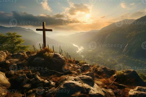 Christian religious cross on mountain, symbol of faith, night clouds ...