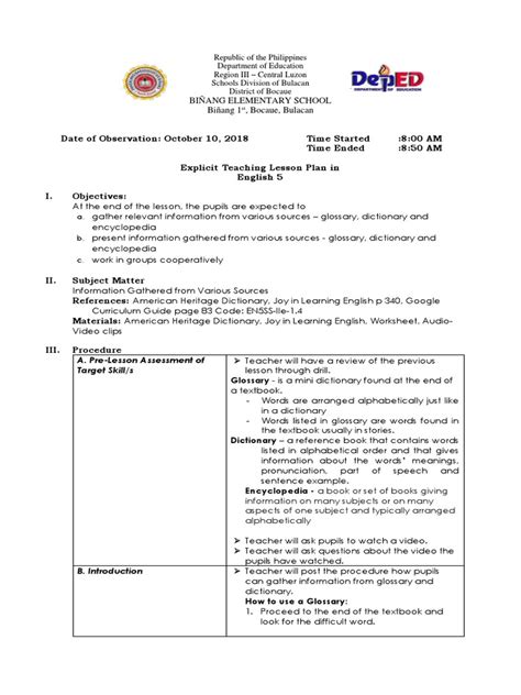 Image result for Sample Lesson Plan of Explicit Teaching