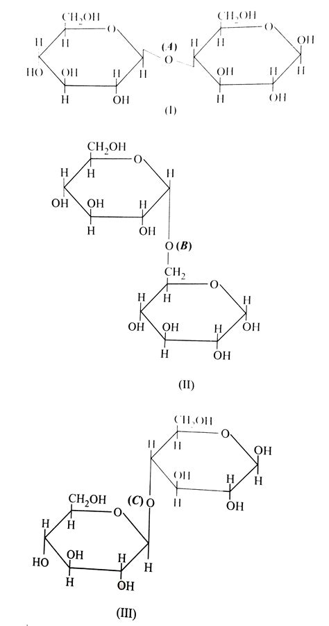Three structures are given below in which two glucose units are linked ...