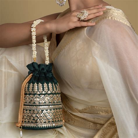 Royal Affair Bottle Green Embroidered Potli Bag – Teejh